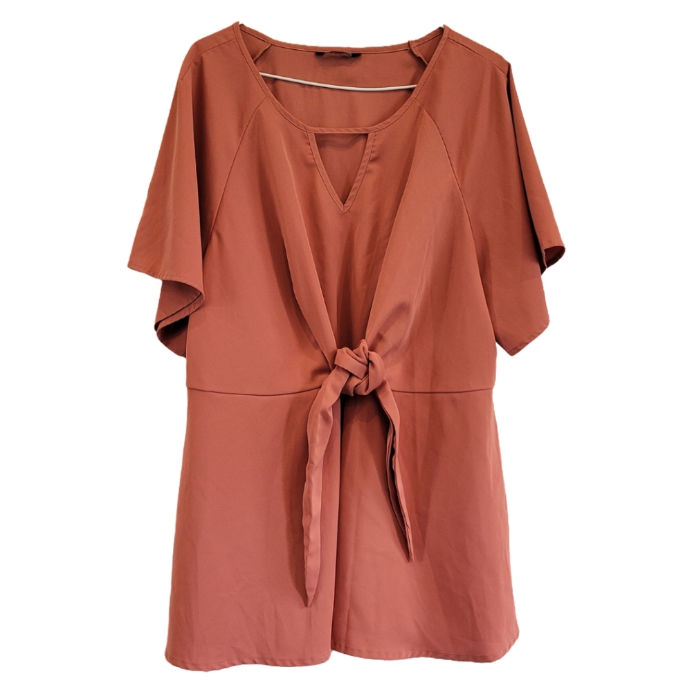 BloomChic Orange Plain Keyhole Knotted Front Ruffle Sleeve Blouse Sz 14-16